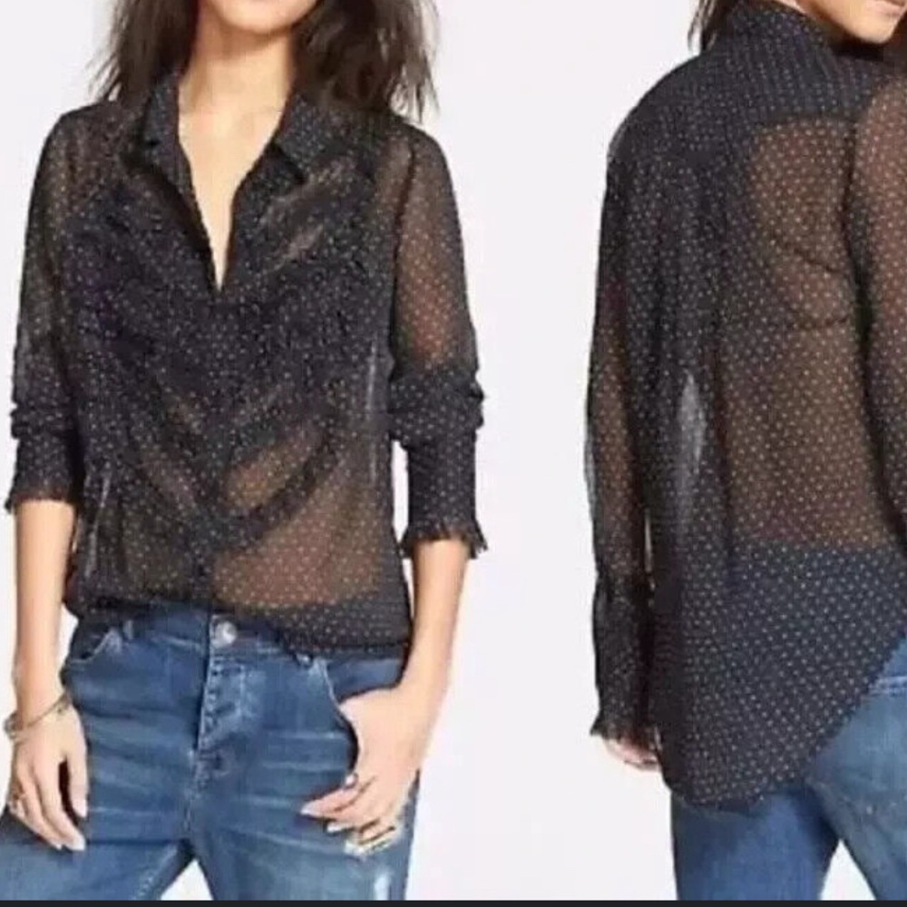 Free People Sheer Black White Polka Dot
Ruffle Front
Tuxedo Blouse Size X SMALL